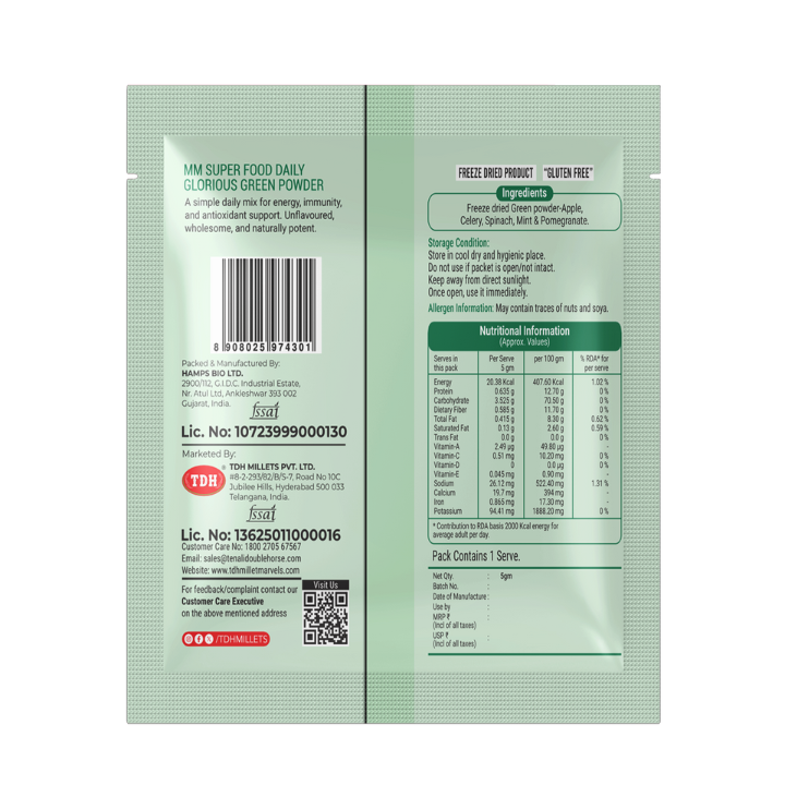 Green powder package with nutritional information and branding on a white background