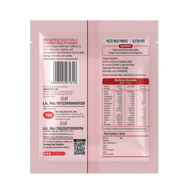 Pink package of MM Super Food Daily Radiant Red Powder with nutritional information and ingredients listed.