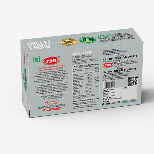 Box of TDH Millet Laddu with nutritional information and branding on a white background