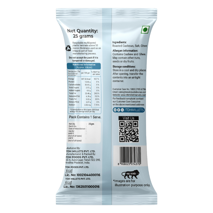 Salted Cashews 25g – Premium Ready-to-Eat Snack | Millet Marvels