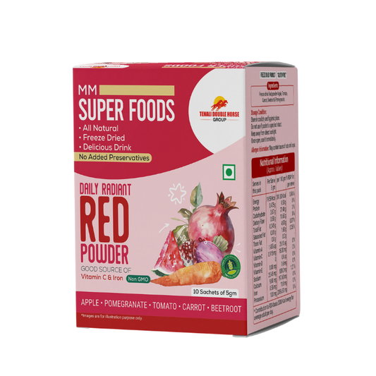 Box of MM Super Foods Daily Radiant Red Powder on a white background