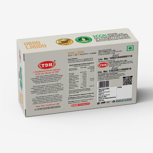 Box of TDH Laddu with nutritional information and branding on a white background