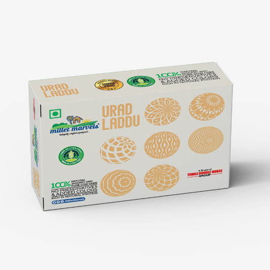Box of Urad Laddu with branding and product images on a white background